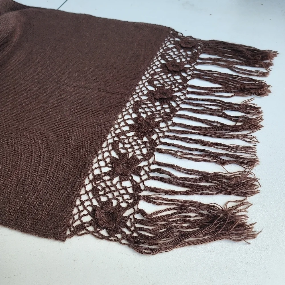Neck Scarf Wrap Hand Crochet Cozy Brown Flowers Knit Detail Fringe 86